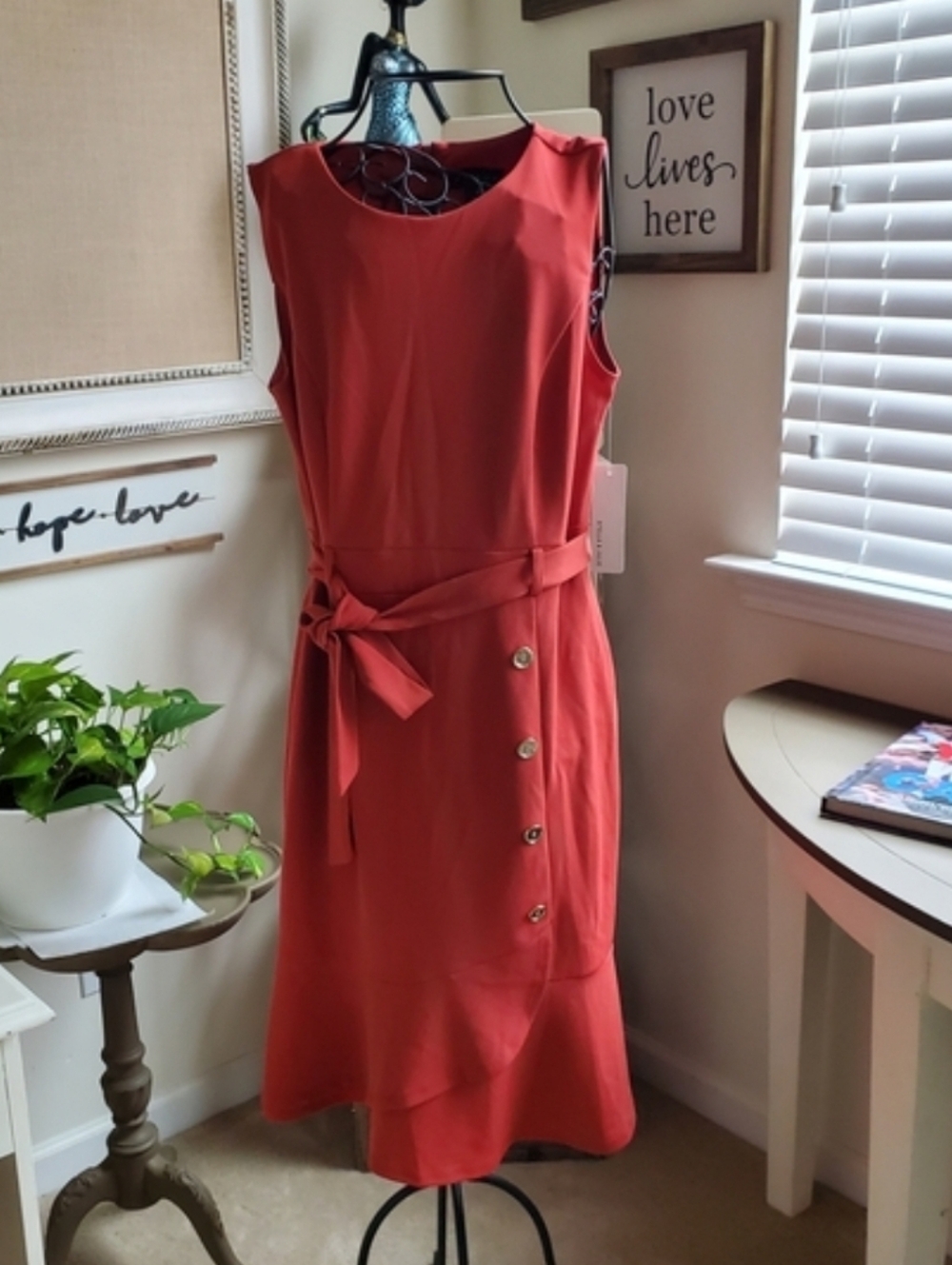 Sleeveless Coral Midi Dress with Side Buttons and Self-Tie Belt